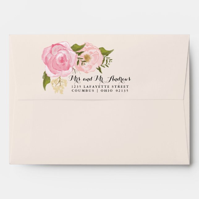 Modern Vintage Pink Floral Personalized Wedding Envelope (Back (Top Flap))