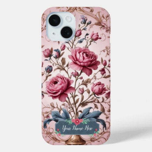 Modern Vintage Pink Floral Rose Flowers iPhone 15 Case