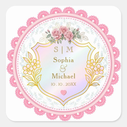 Modern Vintage Pink Floral Rose Wedding Favor Square Sticker