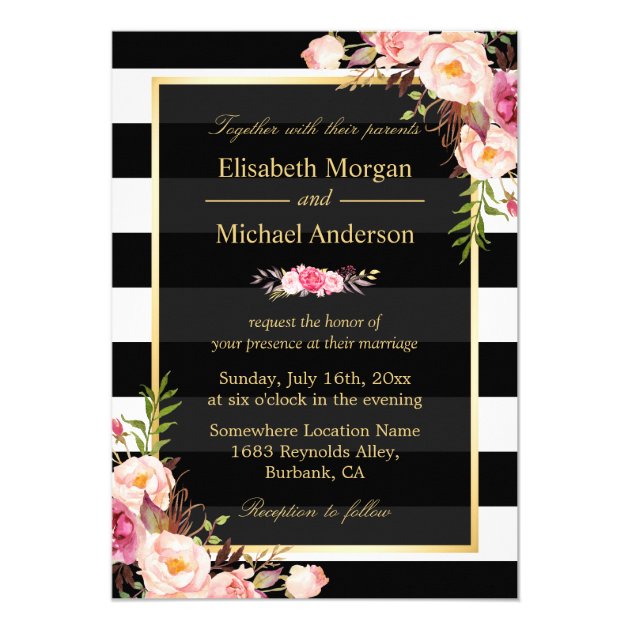 Modern Vintage Pink Floral Stripes Formal Wedding Invitation