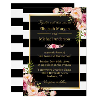 Modern Vintage Pink Floral Stripes Formal Wedding Invitation