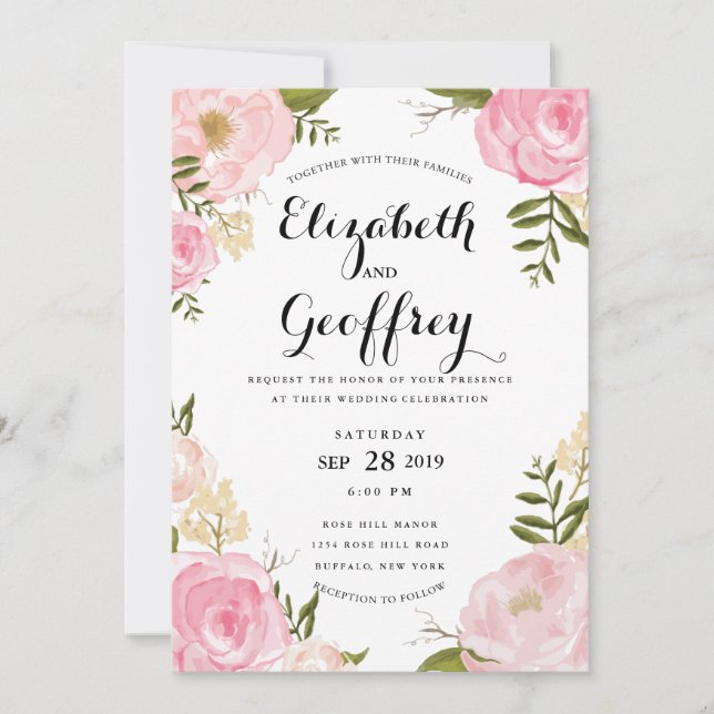 Modern Vintage Pink Floral Wedding Invitation (Front)
