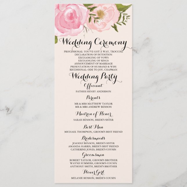 Modern Vintage Pink Floral Wedding Program Card (Front)