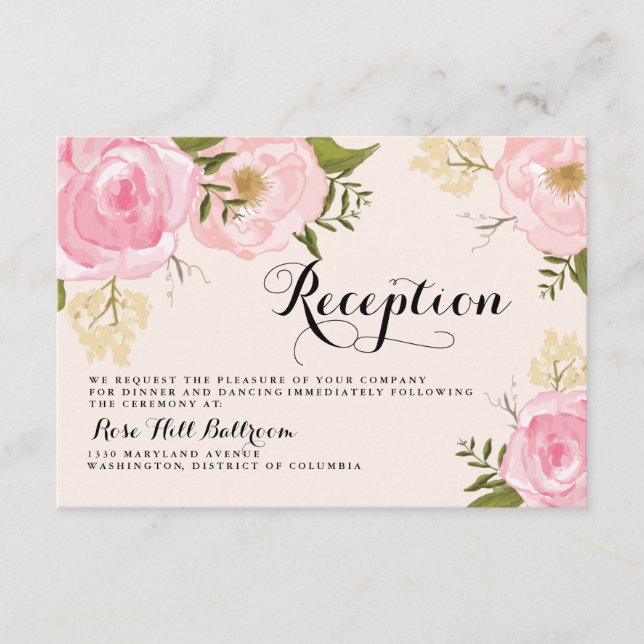 Modern Vintage Pink Floral Wedding Reception Card (Front)