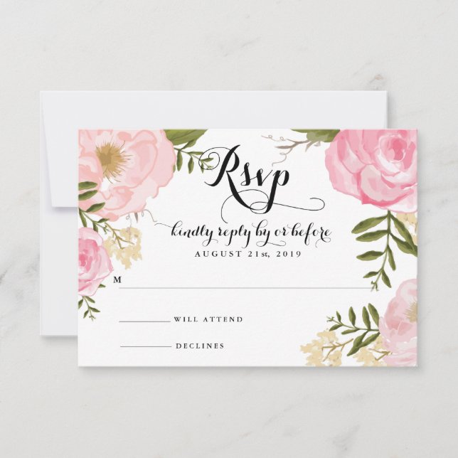 Modern Vintage Pink Floral Wedding RSVP Card (Front)