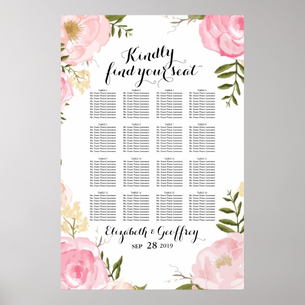 Modern Vintage Pink Floral Wedding Seating Chart Poster
