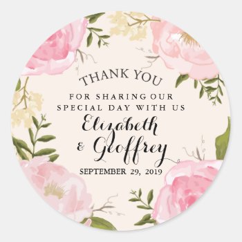 Modern Vintage Pink Floral Wedding Thank You Favor Classic Round Sticker by Jujulili at Zazzle