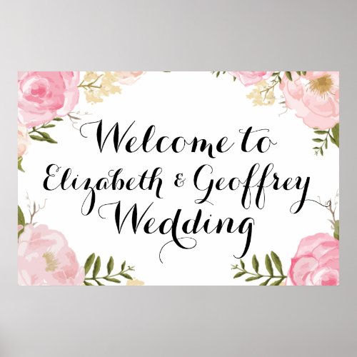 Modern Vintage Pink Floral Wedding Welcome Banner Poster