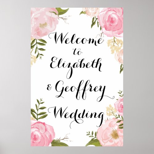 Modern Vintage Pink Floral Wedding Welcome Banner Poster