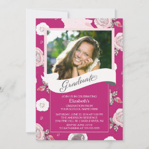 Modern Vintage Pink Flowers Graduation Invitation