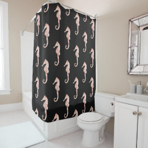 Modern Vintage Pink Seahorse Black Shower Curtain