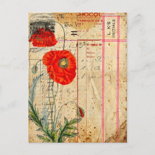 Modern Vintage Poppy Flowers collage art Postcard