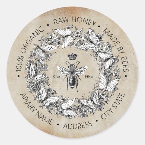 Modern Vintage Queen Bee Butterfly Honey Kraft Classic Round Sticker