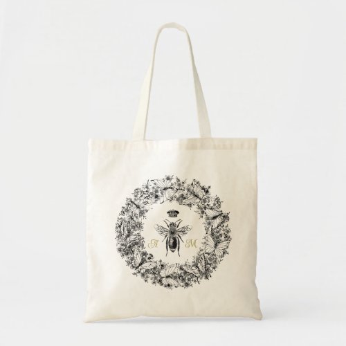 Modern Vintage Queen Bee Butterfly Wreath Monogram Tote Bag