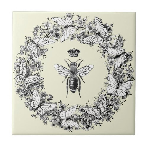 Modern Vintage Queen Bee Crown Butterfly Wreath Ceramic Tile