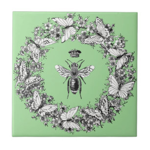 Modern Vintage Queen Bee Crown Butterfly Wreath Ceramic Tile