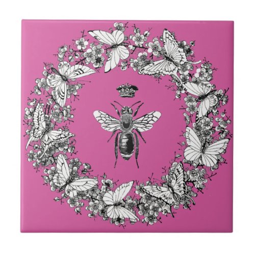 Modern Vintage Queen Bee Crown Butterfly Wreath Ceramic Tile