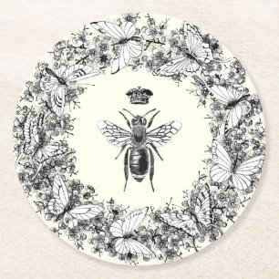 Modern Vintage Queen Bee Crown Butterfly Wreath Round Paper Coaster