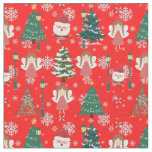 Modern vintage red christmas pattern Santa  trees  Fabric