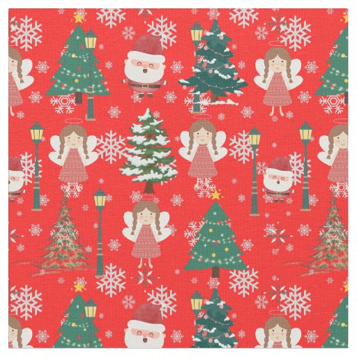 Modern vintage red christmas pattern Santa  trees  Fabric