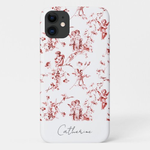 Modern Vintage Red Cupid Angels Floral Toile iPhone 11 Case