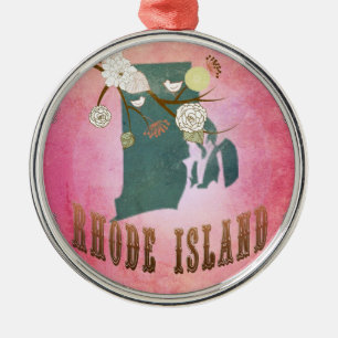 Modern Vintage Rhode Island State Map- Candy Pink Metal Ornament