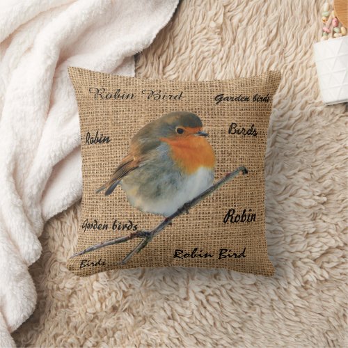 Modern Vintage Robin Bird burlap script Throw Pillow