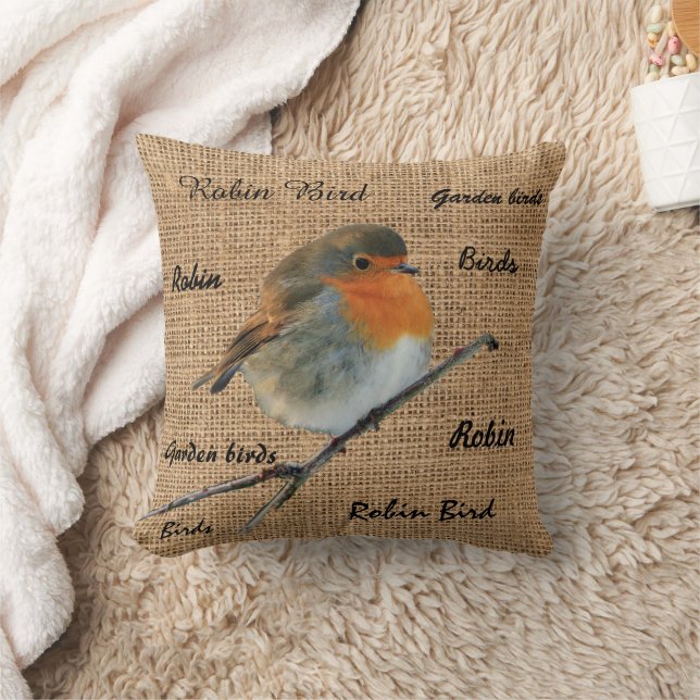 Modern Vintage Robin Bird burlap script Throw Pillow (Blanket)