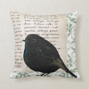 Modern Vintage Robin bird manuscript green damask Throw Pillow