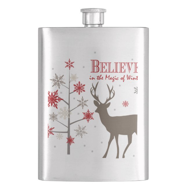 modern vintage rustic deer and snowflakes flask (Front)