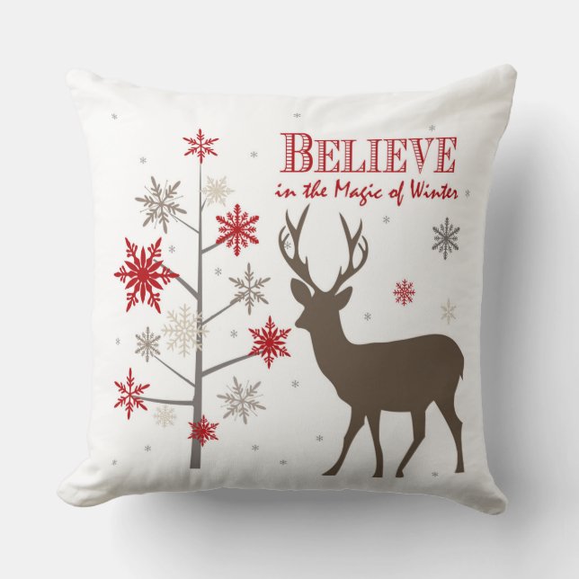modern vintage rustic deer and snowflakes throw pillow (Front)
