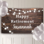 Modern Vintage Rustic Retirement Party Decor Banner<br><div class="desc">Trendy rustic Retirement party banner with festive string lights over a vintage wood texture. Custom name in modern calligraphy script adds a chic touch.</div>