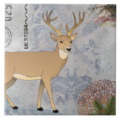 Modern Vintage Rustic Winter Deer Snowflakes Ceramic Tile