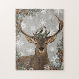 modern vintage rustic woodland winter deer jigsaw puzzle