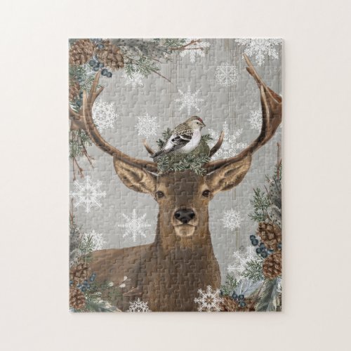 modern vintage rustic woodland winter deer jigsaw puzzle