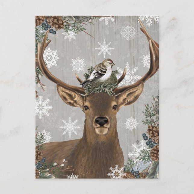 modern vintage rustic woodland winter deer postcard (Front)