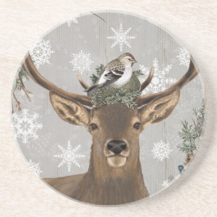 modern vintage rustic woodland winter deer sandstone coaster