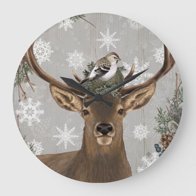 modern vintage rustic woodland winter large clock (Front)