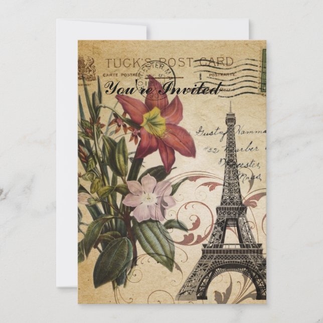 modern vintage scripts lily Paris Eiffel Tower Invitation (Front)