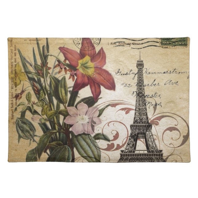 modern vintage scripts lily Paris Eiffel Tower Placemat (Front)