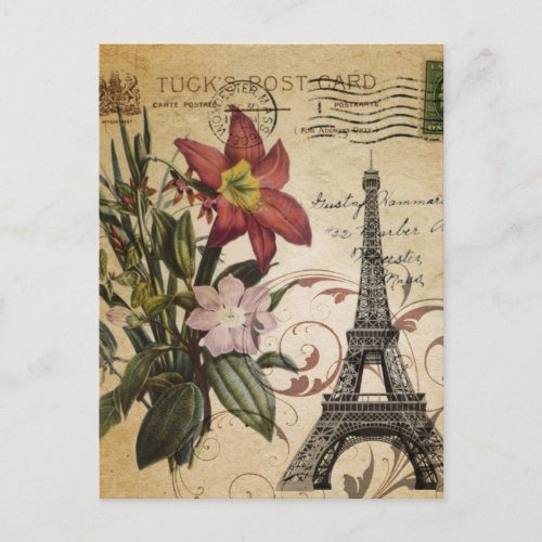 modern vintage scripts lily Paris Eiffel Tower Postcard