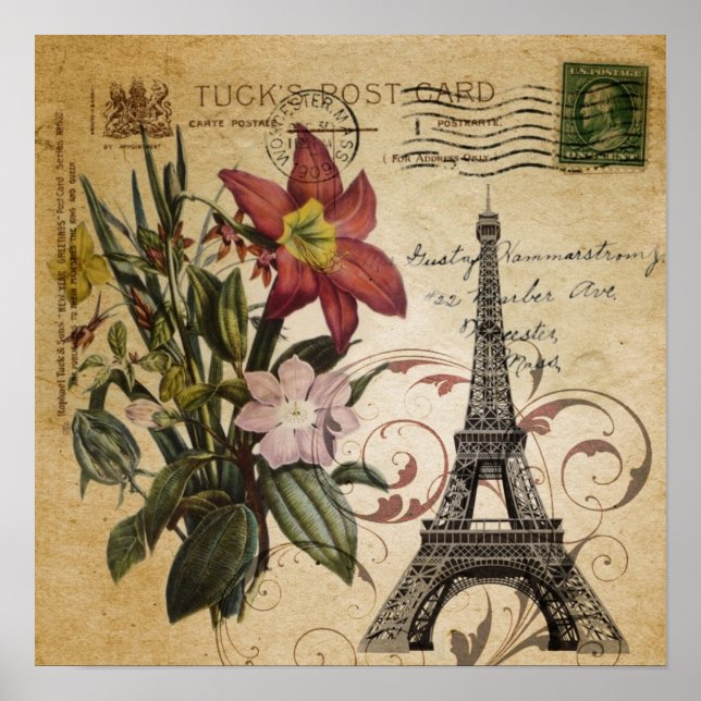 modern vintage scripts lily Paris Eiffel Tower Poster (Front)