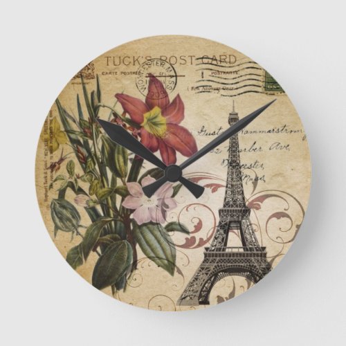 modern vintage scripts lily Paris Eiffel Tower Round Clock