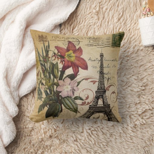 modern vintage scripts lily Paris Eiffel Tower Throw Pillow Zazzle