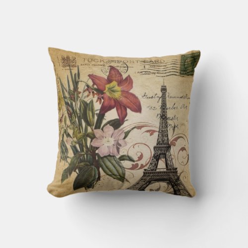 modern vintage scripts lily Paris Eiffel Tower Throw Pillow
