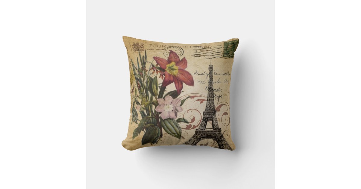 modern vintage scripts lily Paris Eiffel Tower Throw Pillow Zazzle