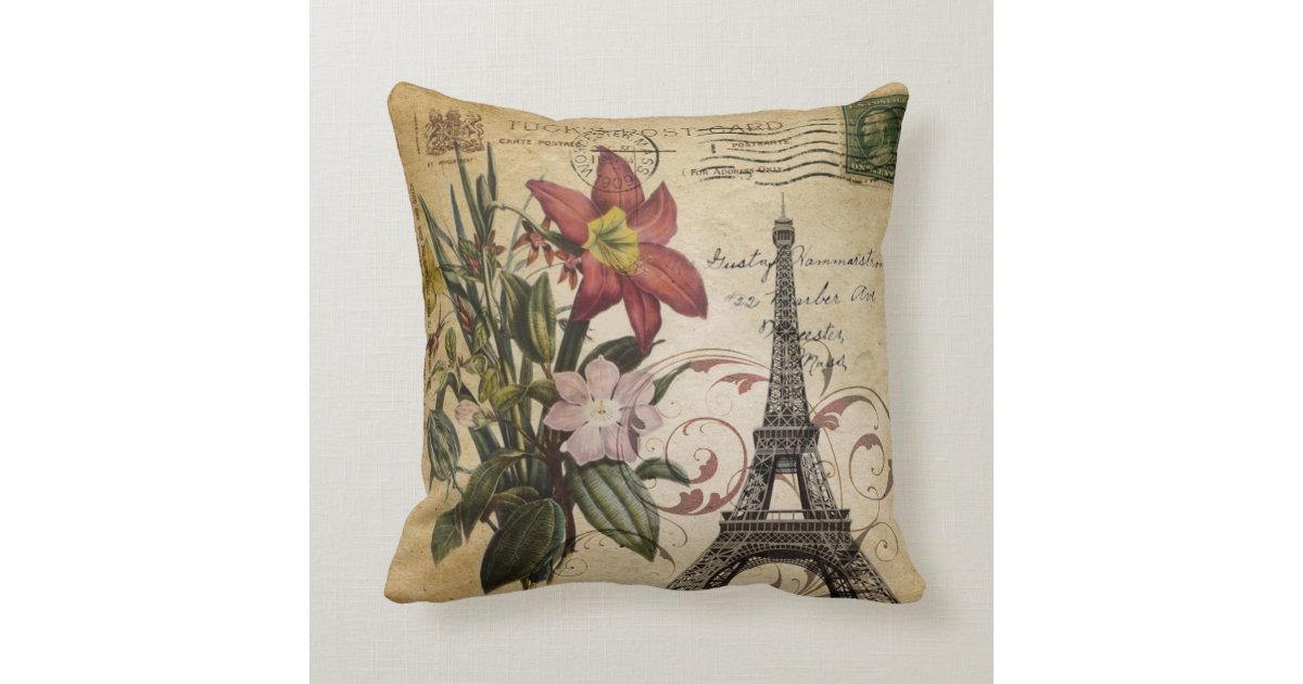 Modern Vintage Scripts Lily Paris Eiffel Tower Throw Pillow