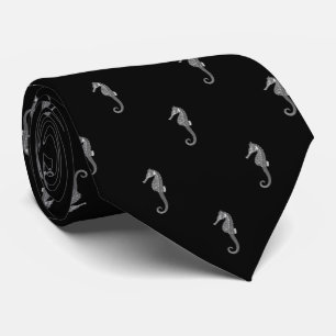 Modern Vintage Small Seahorse on Black Neck Tie