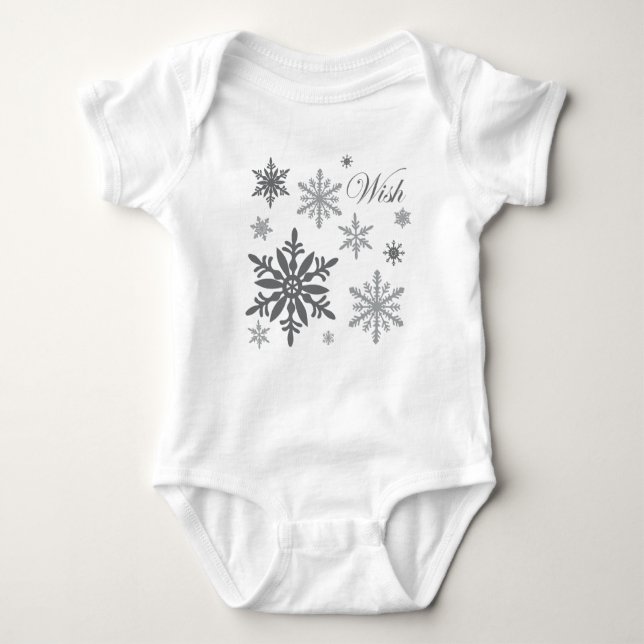 modern vintage snowflakes baby bodysuit (Front)