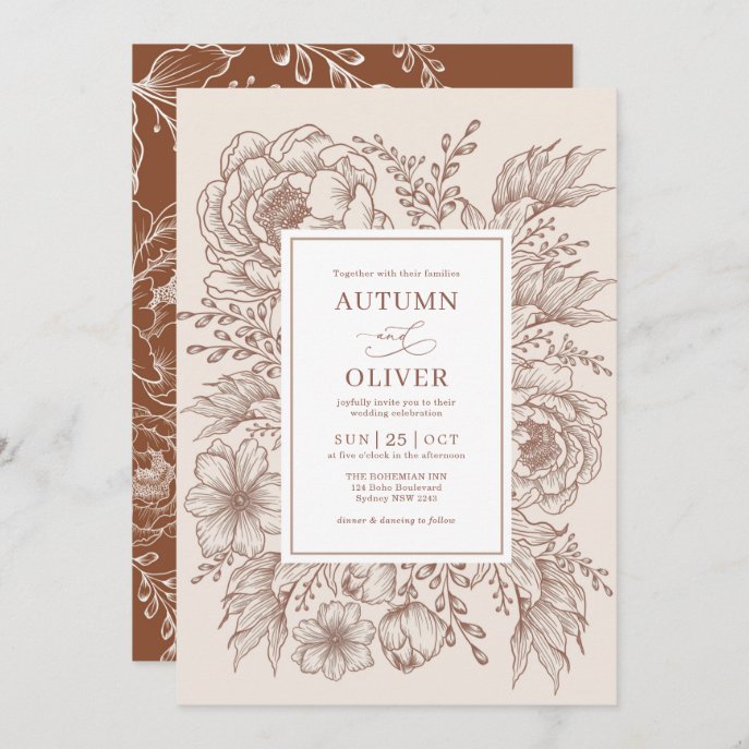 Modern Vintage Terracotta Floral Wedding Invitation
